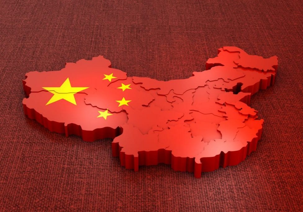 A volumetric map of China on the flag. 3d rendering.